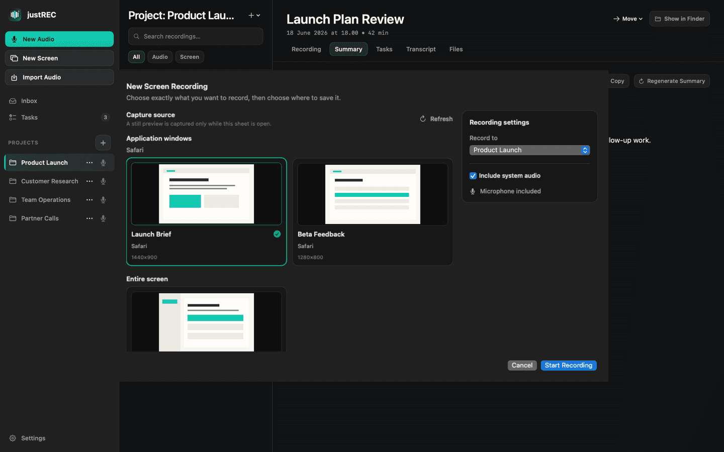 Screenshot of justREC: Audio & Screen Picker