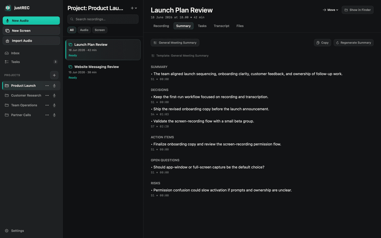 Screenshot of justREC: AI Summaries