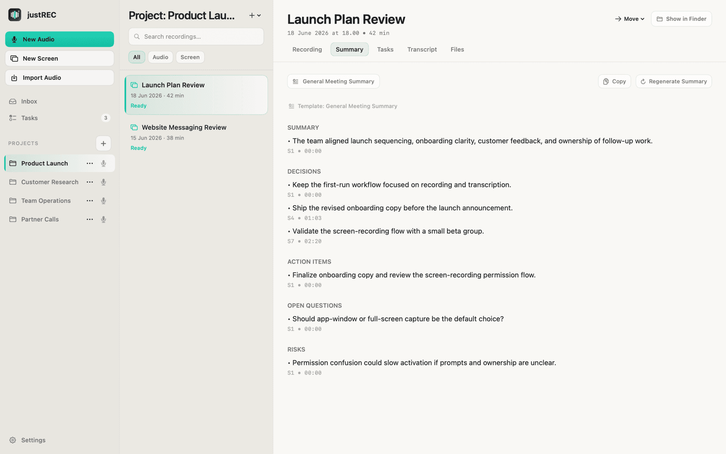 justREC capture overview workspace showing recent meetings, recording controls, and inbox.