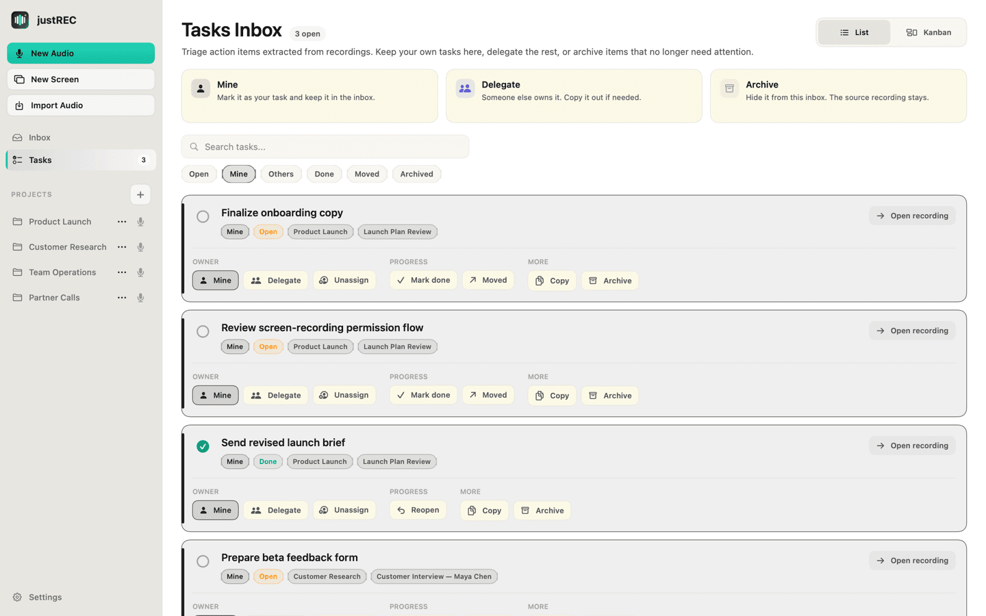 Screenshot of justREC: Action Items & Tasks
